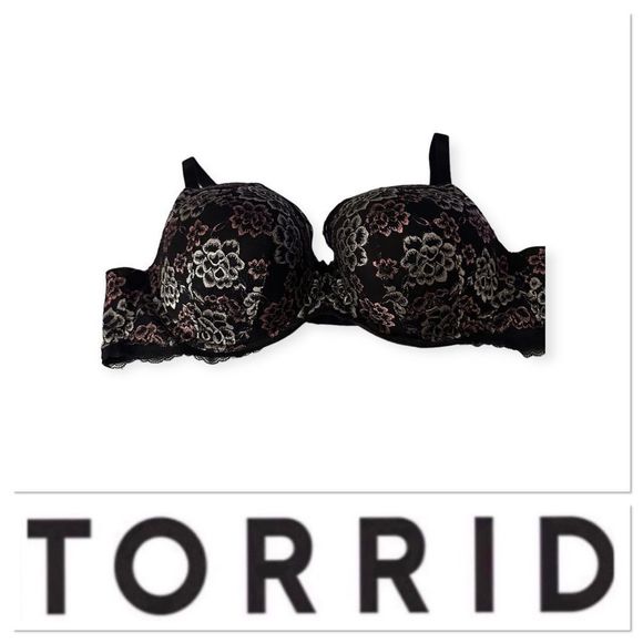 Torrid lightly lined t-shirt bra black with white and pink flowers size 46B - Picture 1 of 13